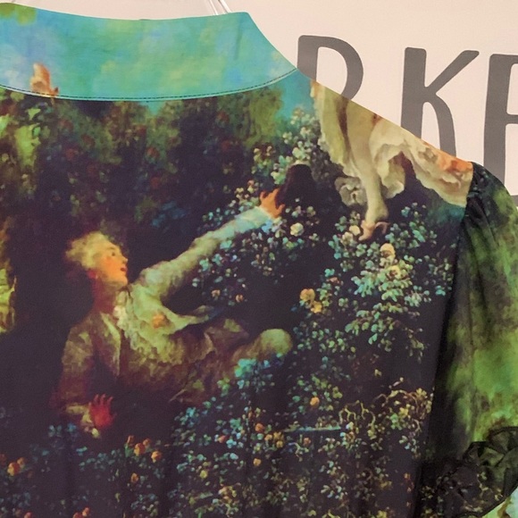 NWT ICONE Simons ruffle mini dress with pictorial imagery great colour combo M - Picture 4 of 11